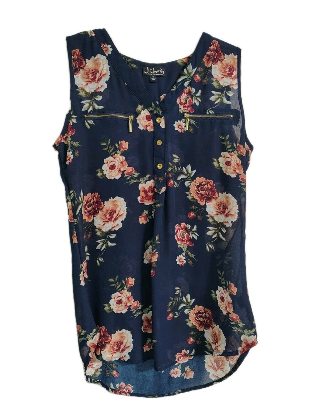 J for Justify Size M Floral V-Neck Faux Zip Pockets Sleeveless Blouse GUC